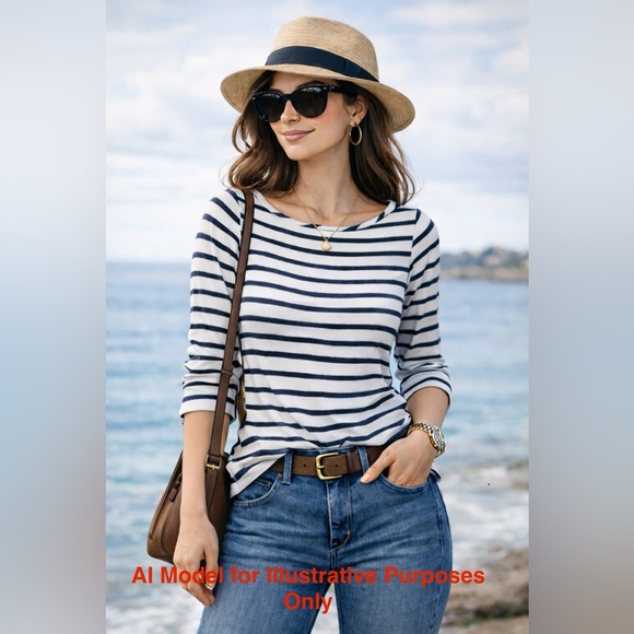 Amour Vert White & Navy Stripe Modal Top Sustainable Striped Size M - Picture 8 of 8